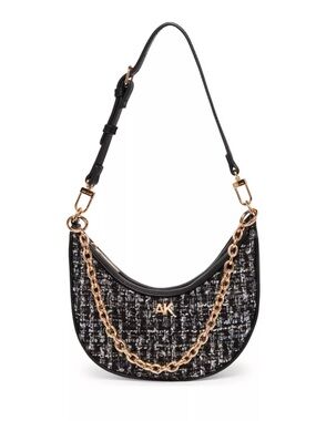 Anne Klein Black Tweed Crescent Shoulder Bag with Gold Chain Accent. 🌙